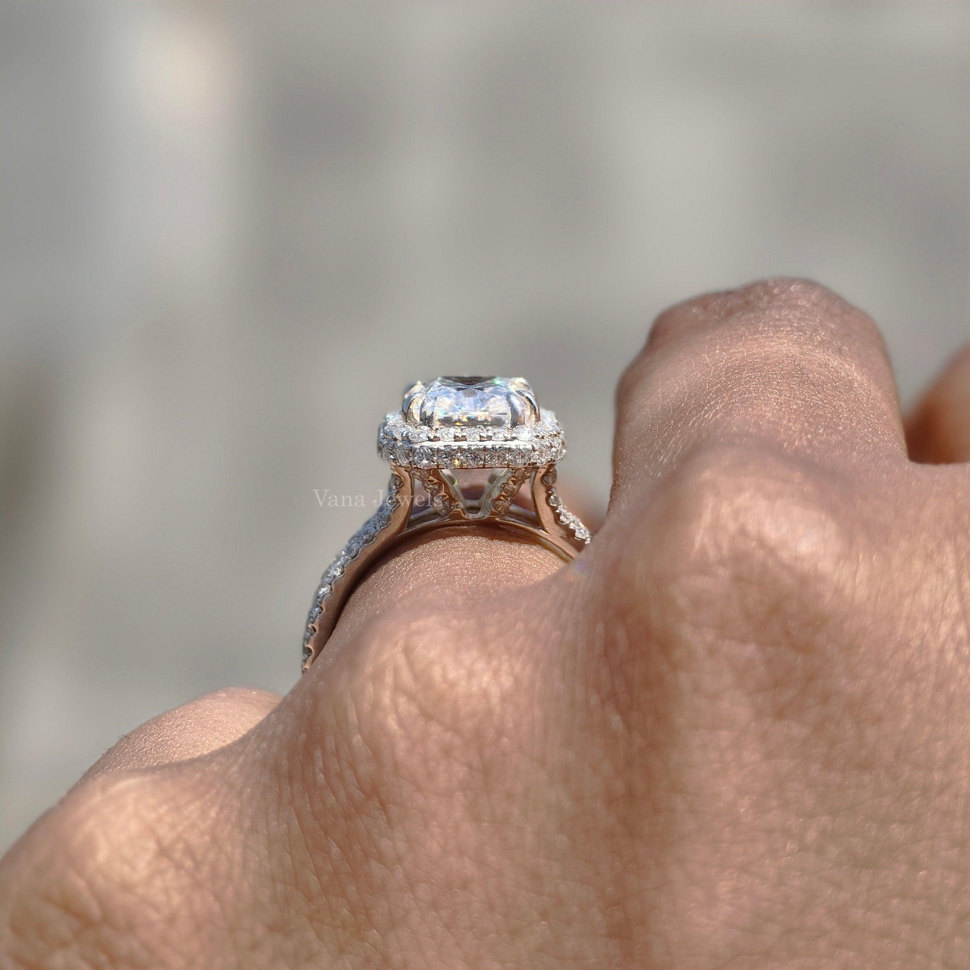 Radiant cut moissanite engagement ring with split shank