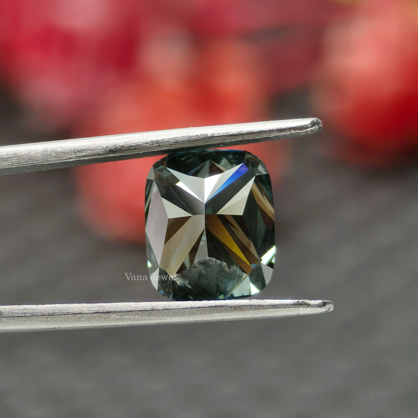 Fancy color elongated cushion green blue diamond close up
