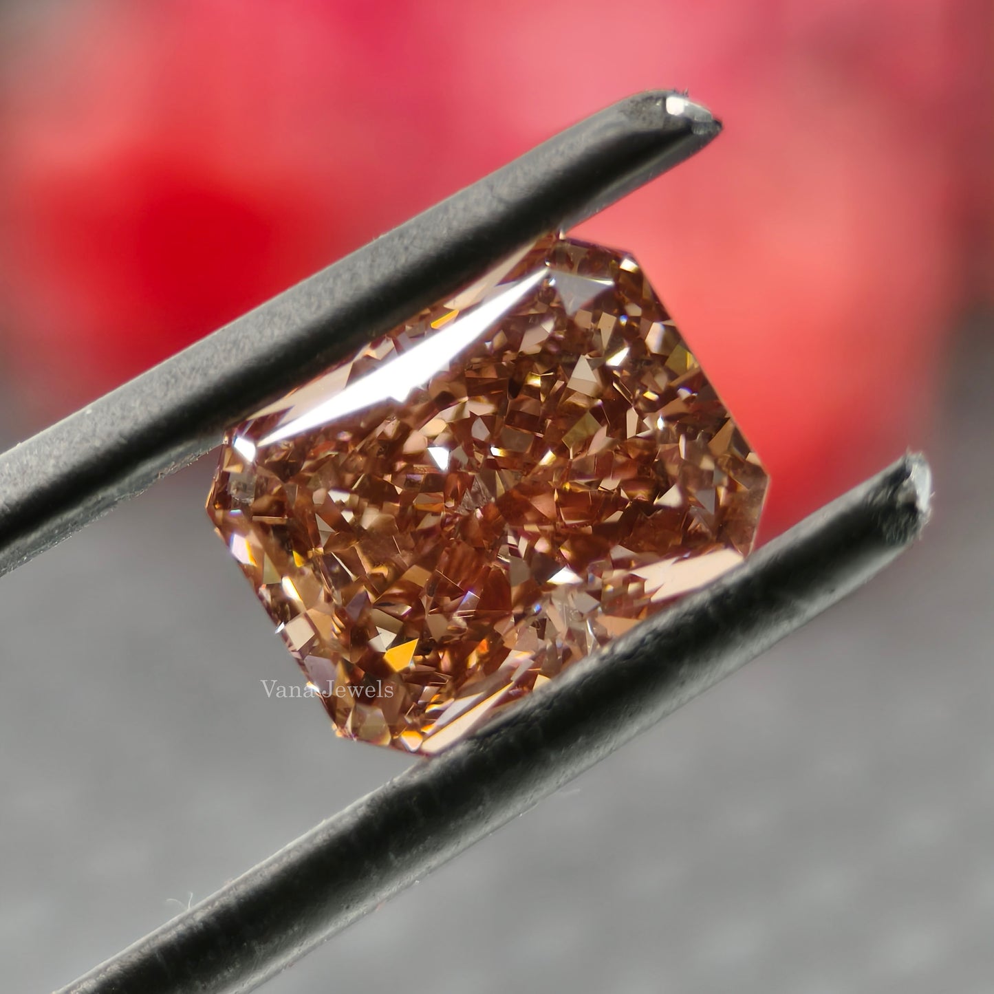 Close up of radiant cut brown lab grown diamond