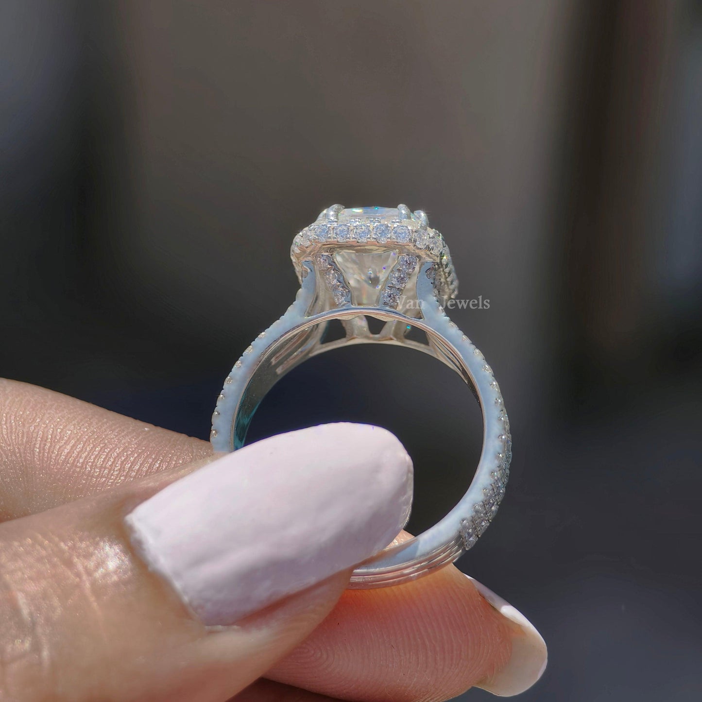 Radiant moissanite halo bridal ring