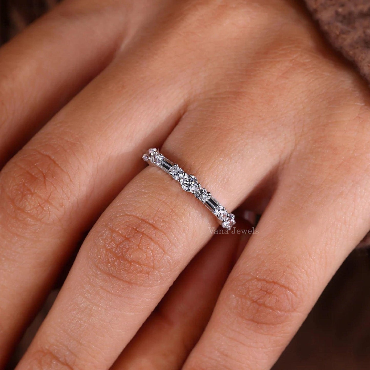 Baguette and Round Lab Grown Diamond Half Eternity Band - Vana Jewels