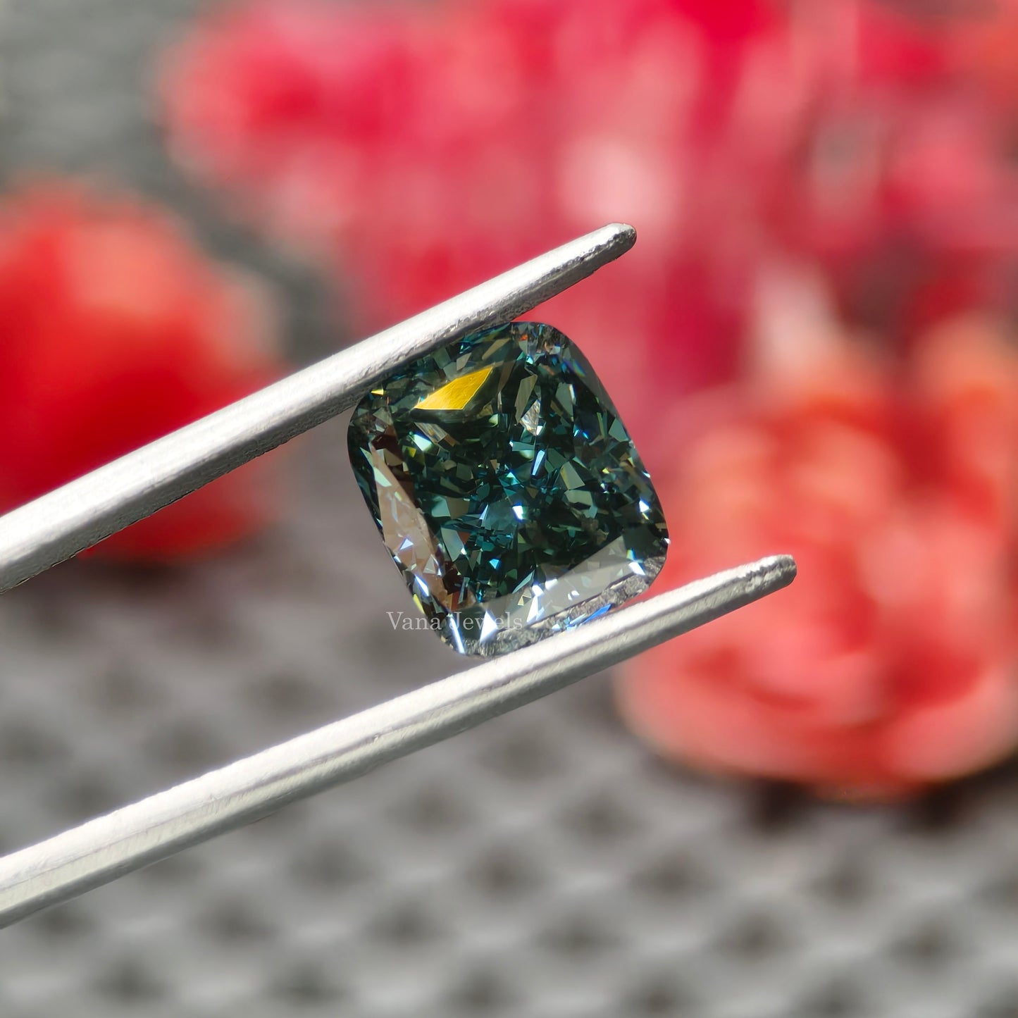 Sparkling lab diamond in greenish blue cushion shape