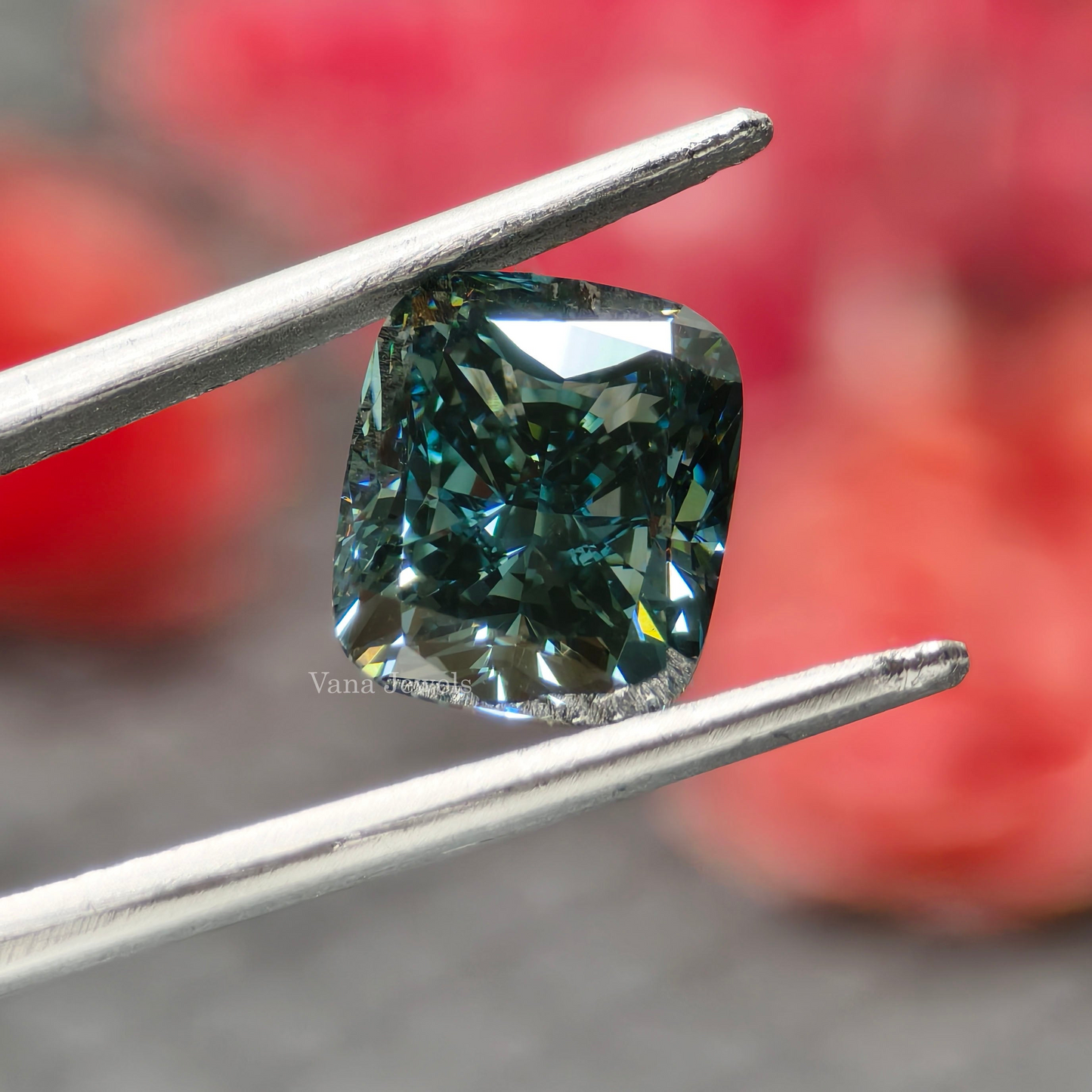 Elongated cushion cut greenish blue lab grown diamond