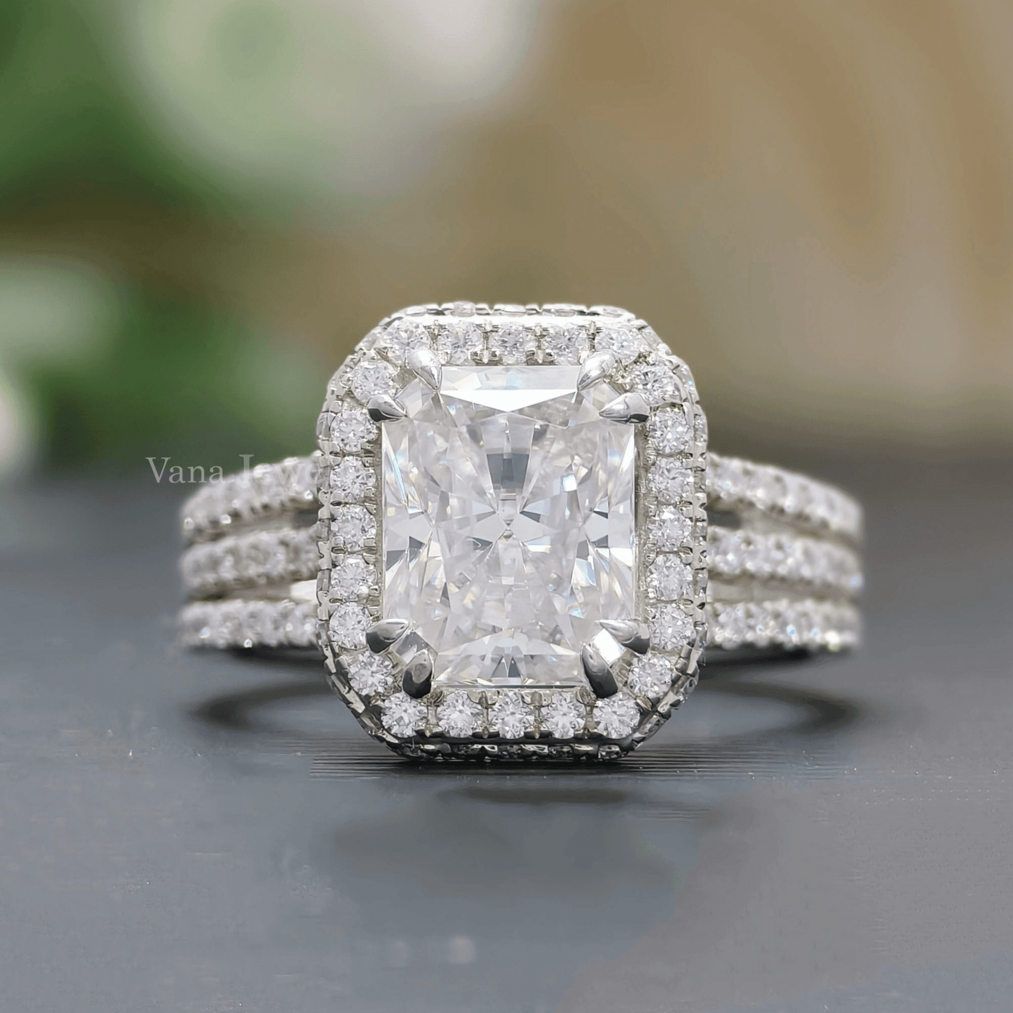Radiant cut moissanite engagement ring