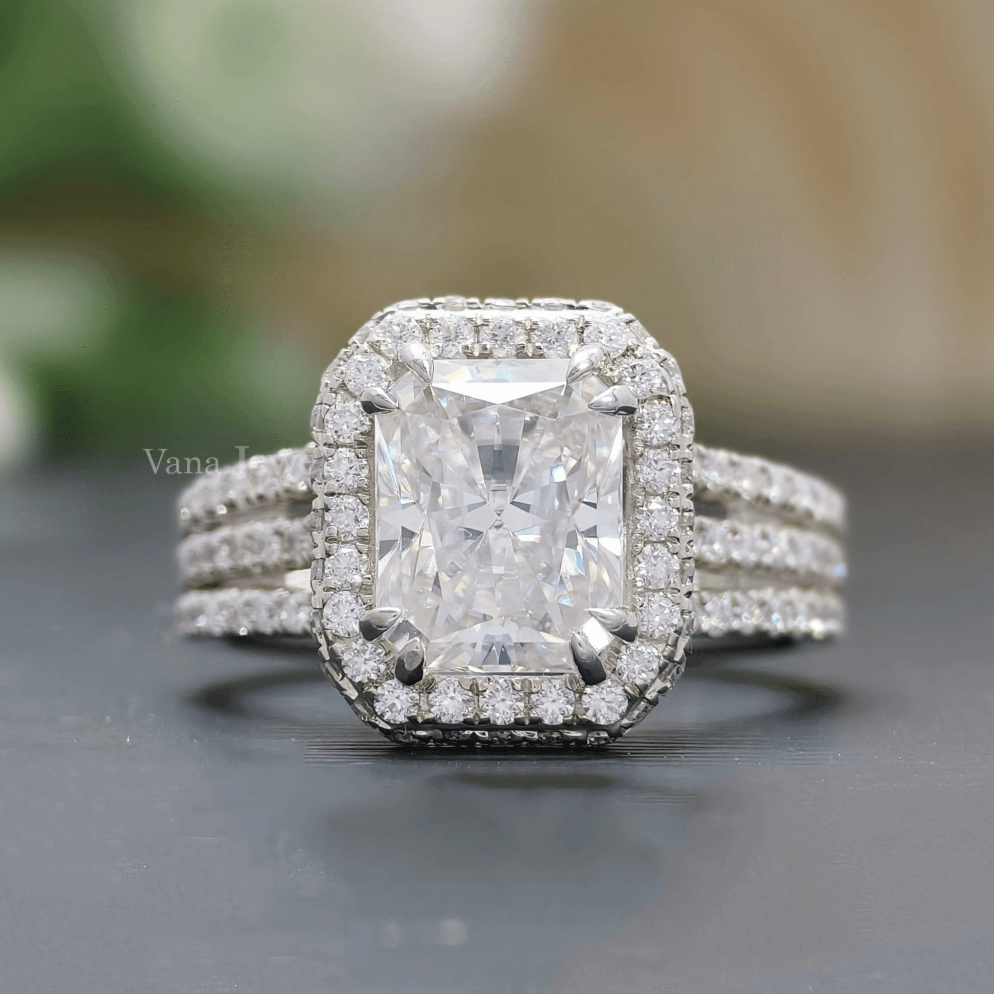 Radiant cut moissanite engagement ring