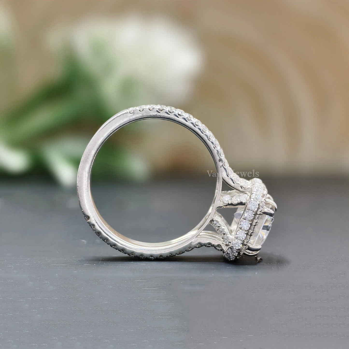 Luxury radiant moissanite ring featuring hidden halo and pave accents