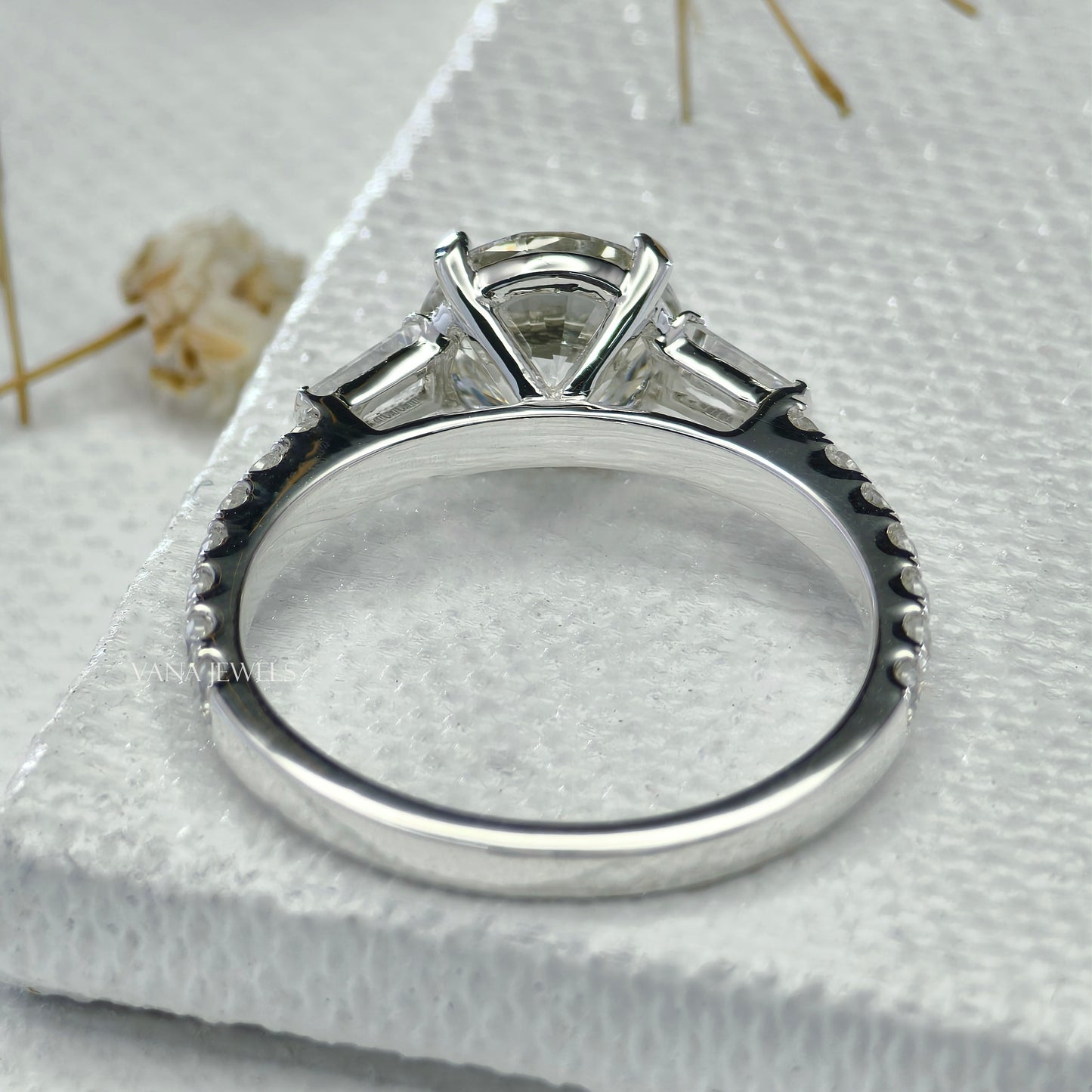 Round Cut Lab Grown Diamond Engagement Ring, Three Stone Ring