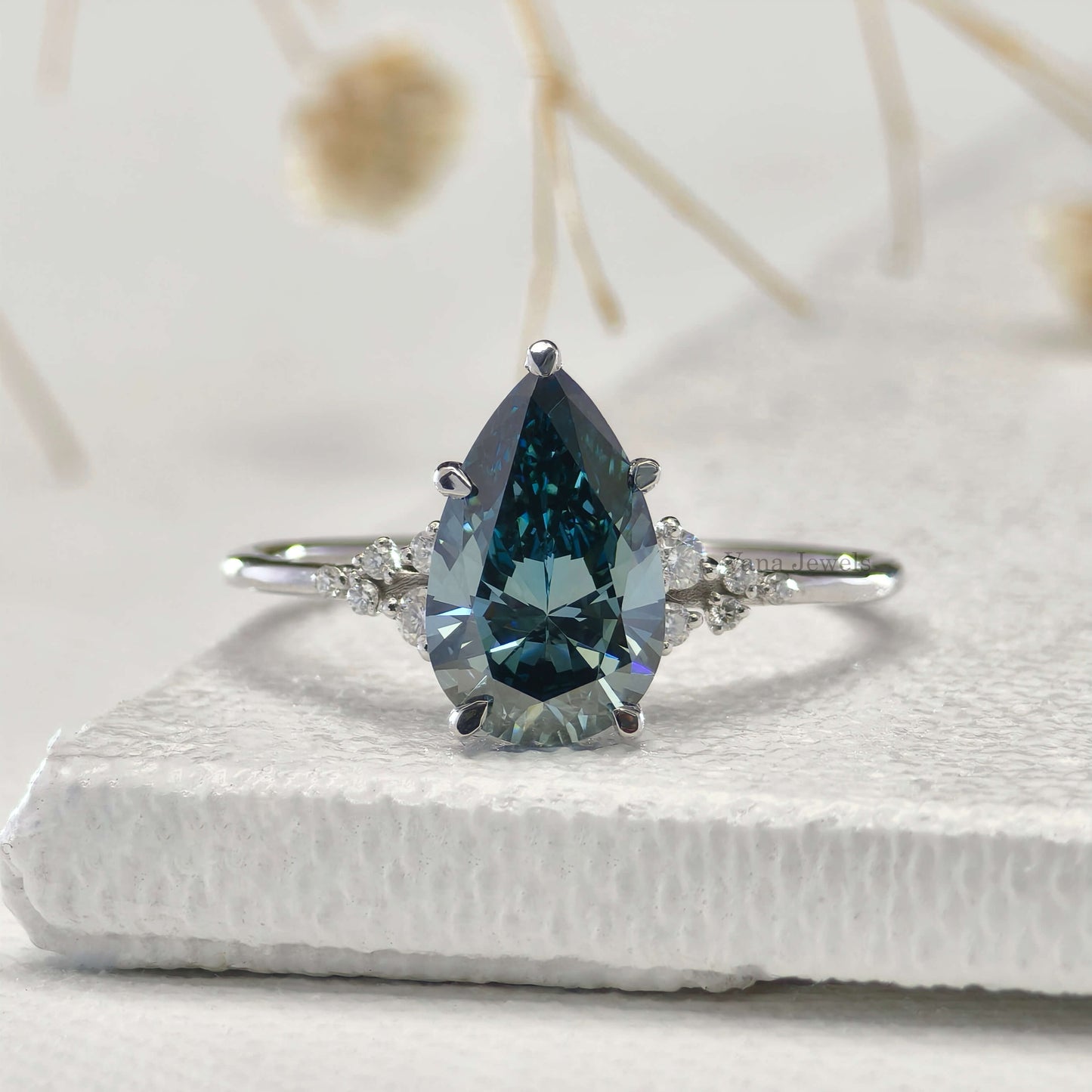 1.57 CT Pear Cut Lab Grown Blue Diamond Engagement Ring