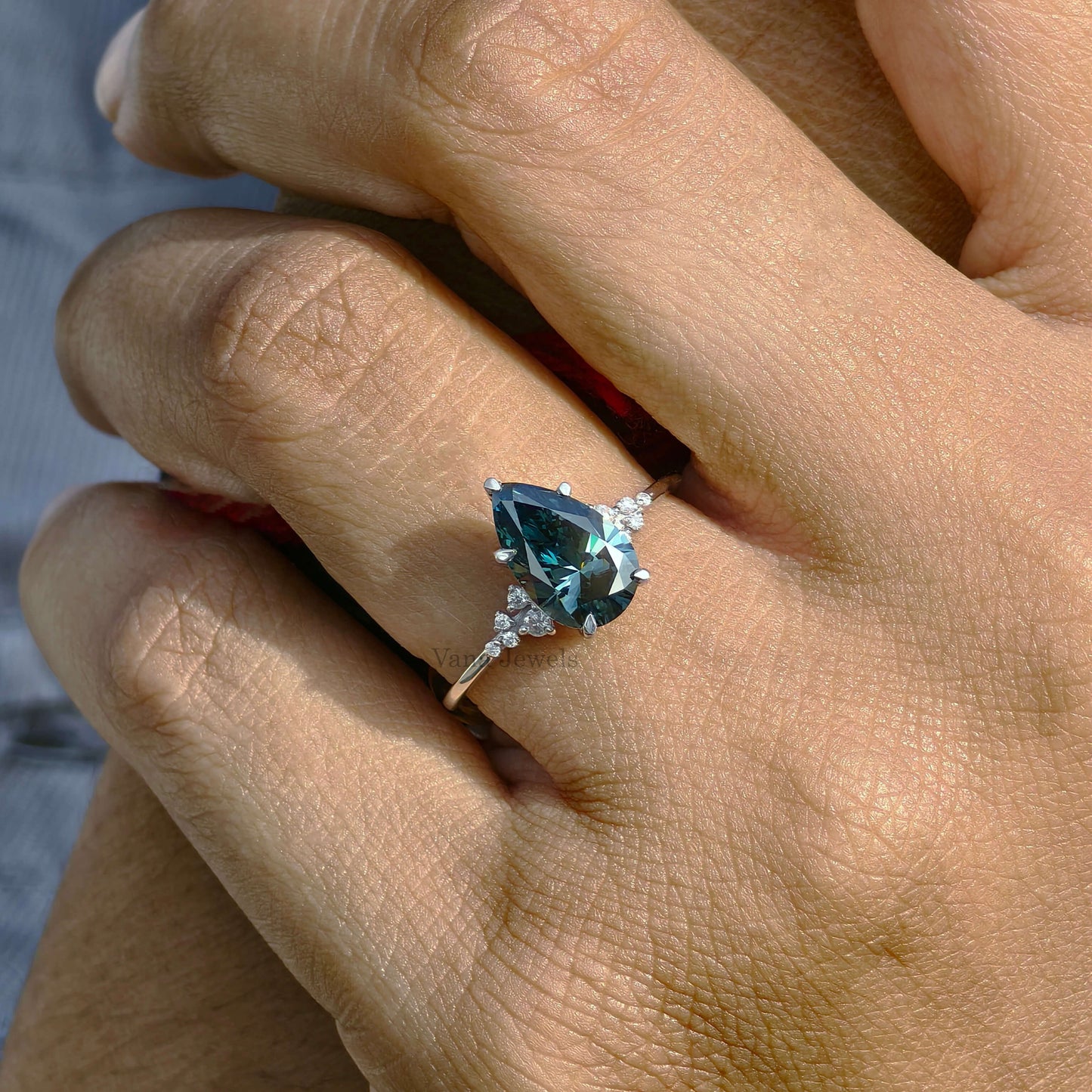 1.57 CT Pear Cut Lab Grown Blue Diamond Engagement Ring