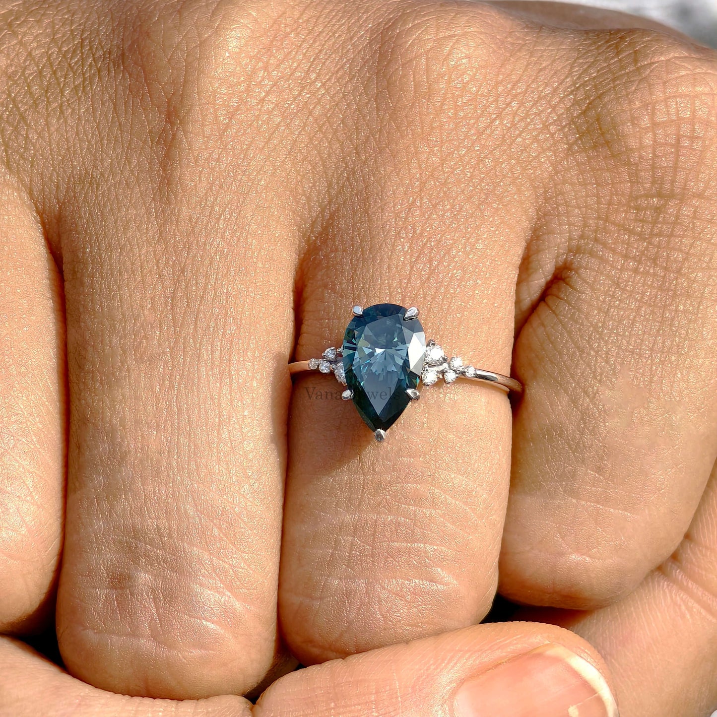 1.57 CT Pear Cut Lab Grown Blue Diamond Engagement Ring