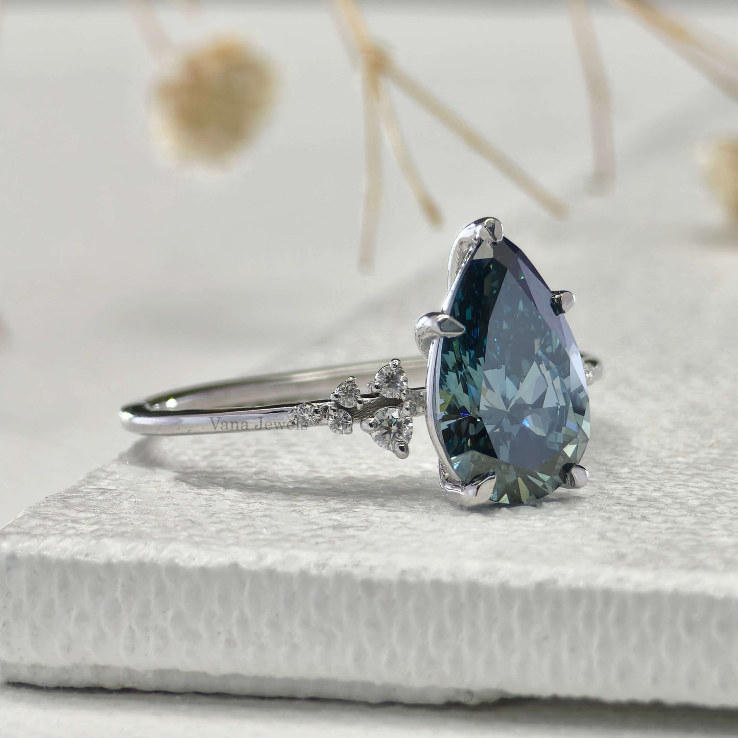 1.57 CT Pear Cut Lab Grown Blue Diamond Engagement Ring