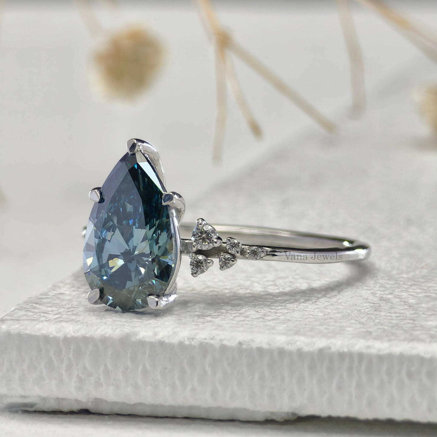 1.57 CT Pear Cut Lab Grown Blue Diamond Engagement Ring