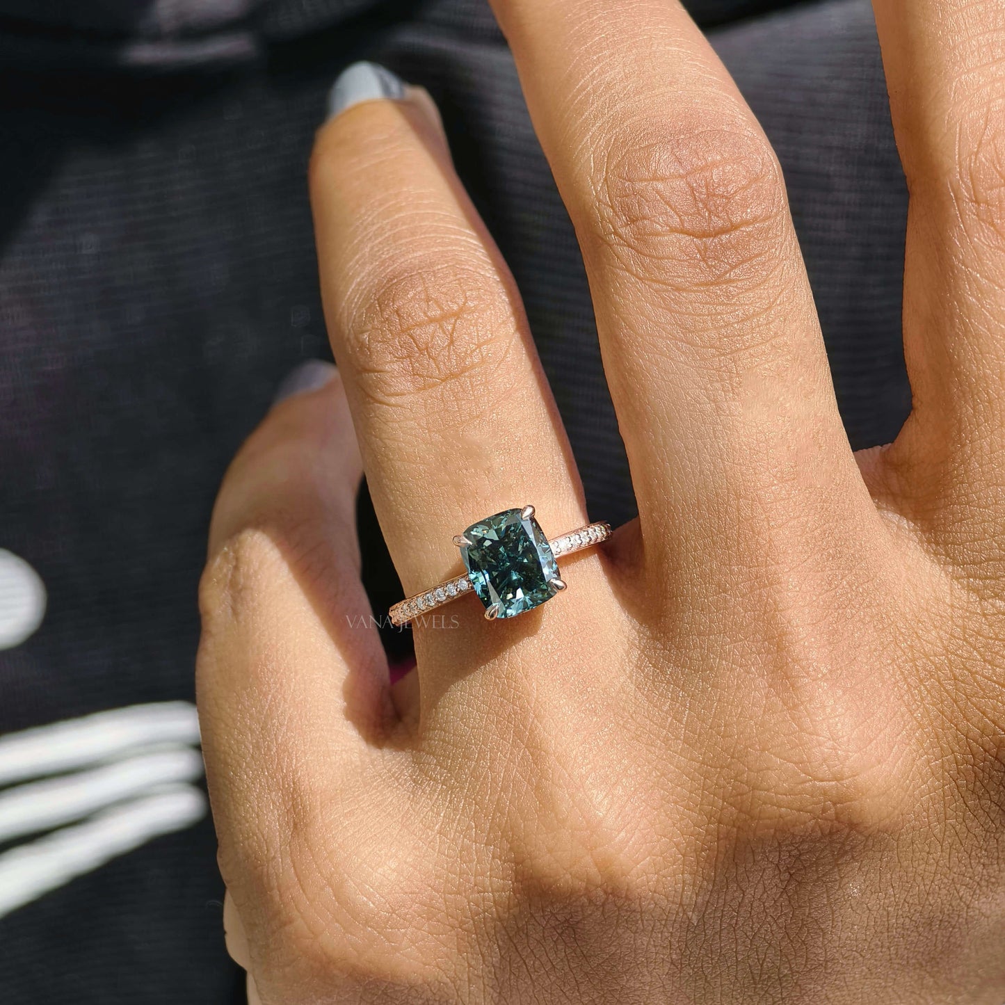 Blue Cushion Cut Lab Grown Diamond Engagement Ring