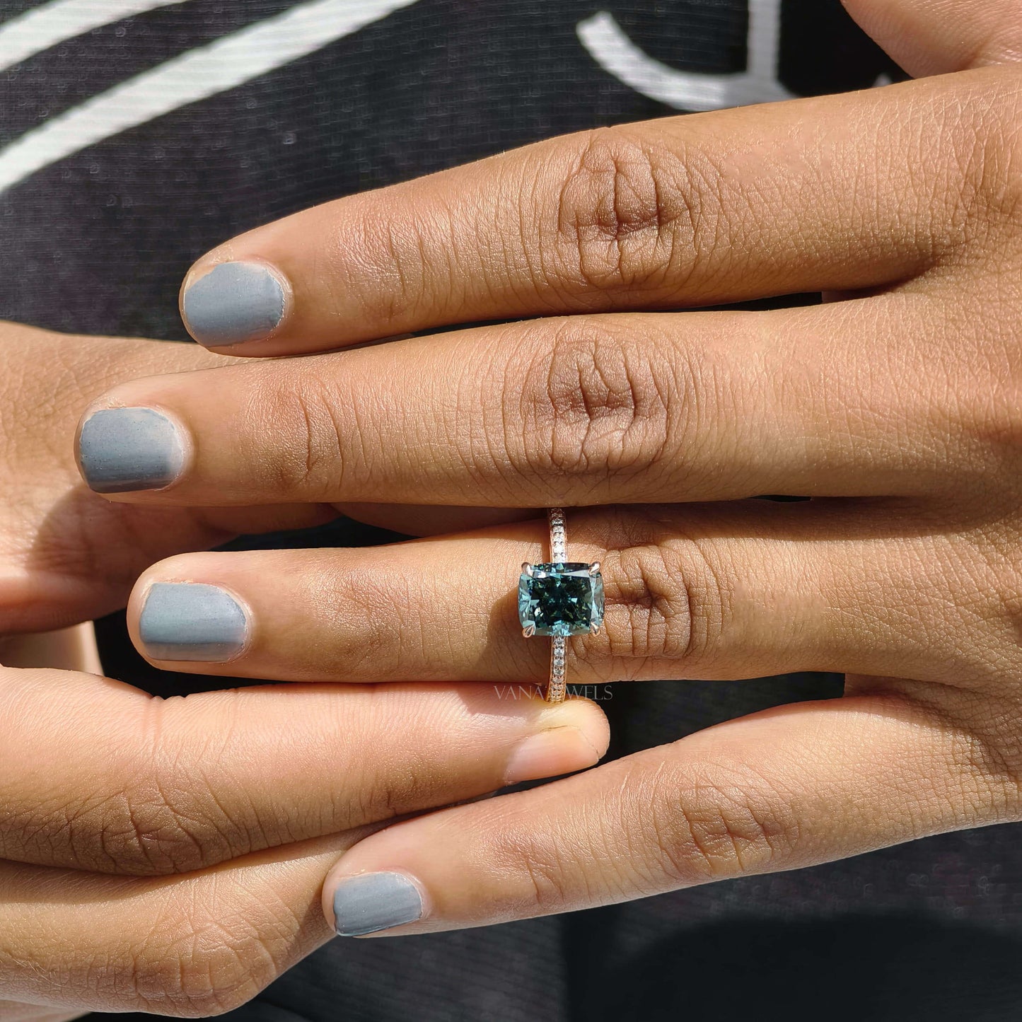 Blue Cushion Cut Lab Grown Diamond Engagement Ring
