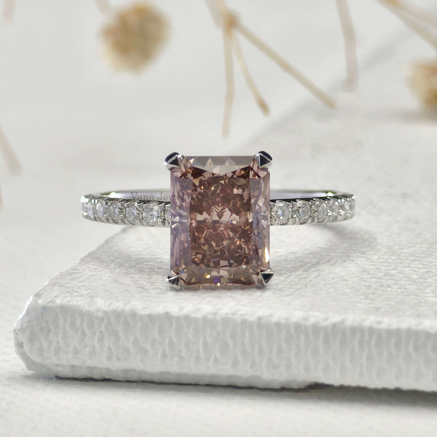 Pink Radiant Cut Lab Grown Diamond Engagement Ring