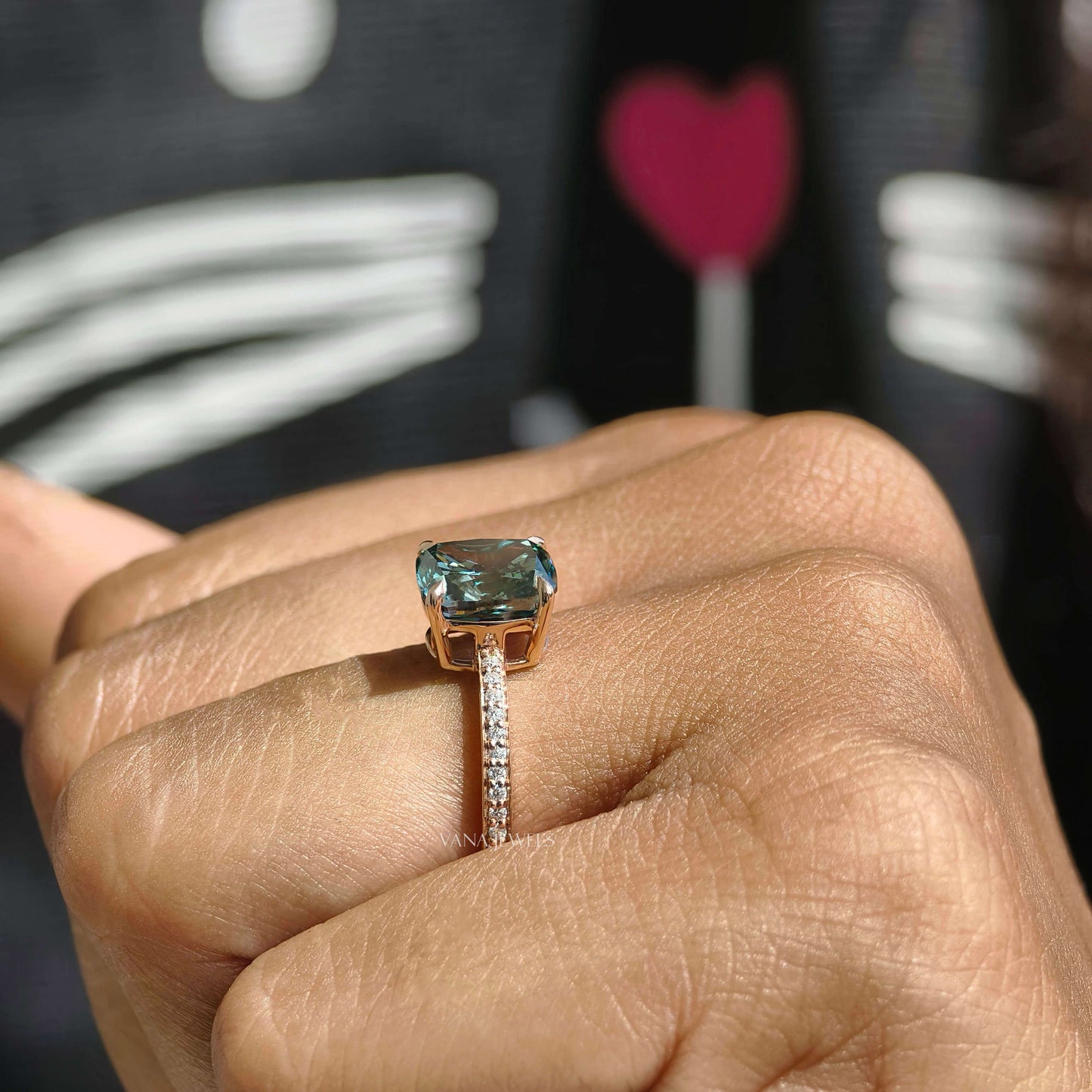 Blue Cushion Cut Lab Grown Diamond Engagement Ring
