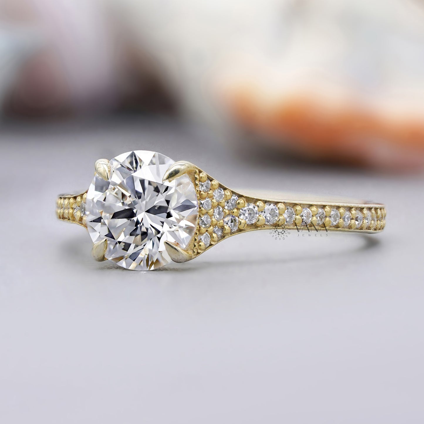 Round Cut Moissanite Engagement Ring with Hidden Halo and Pave set in Yellow Gold