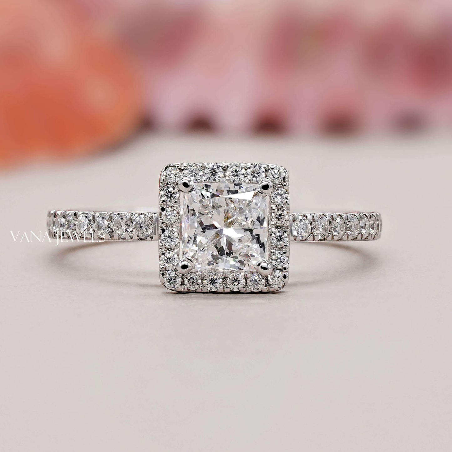 Princess Cut Lab Grown Diamond Halo Engagement Ring - Pave Setting