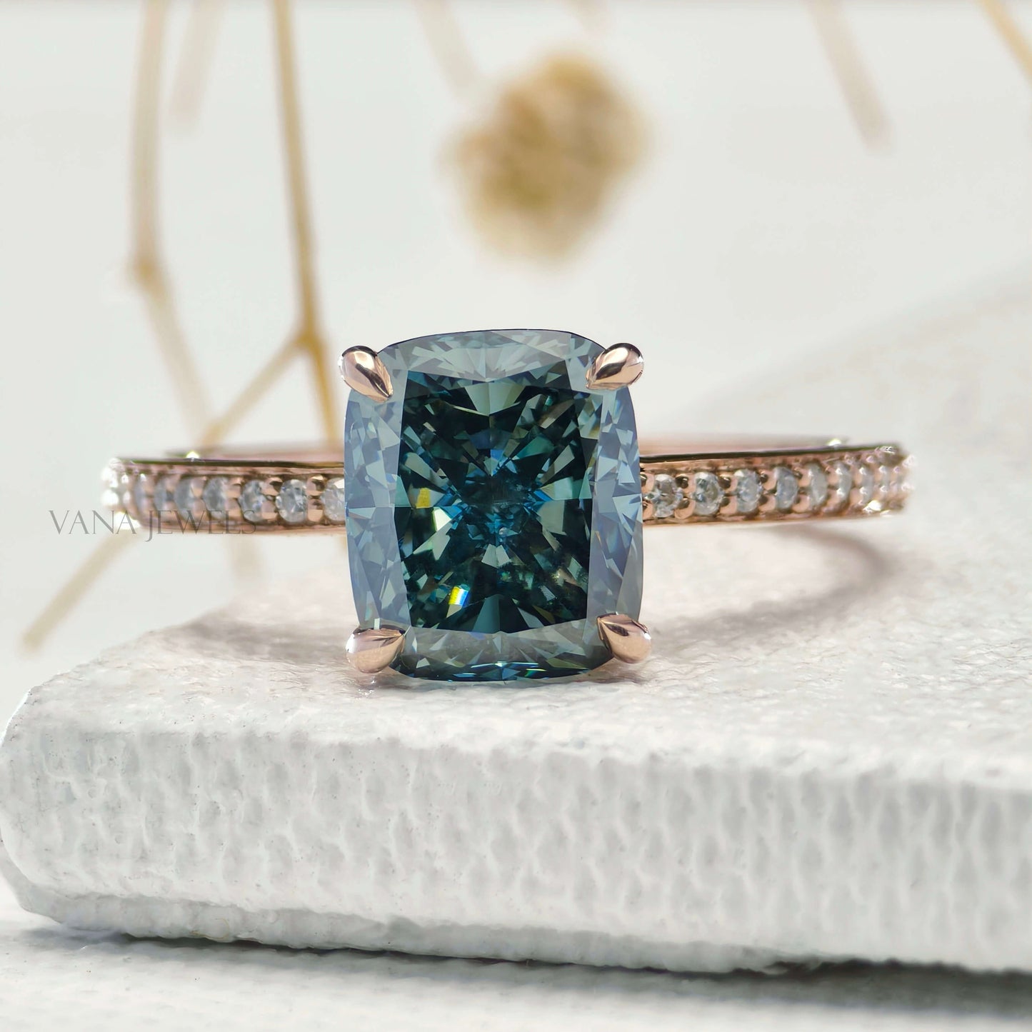 Blue Cushion Cut Lab Grown Diamond Engagement Ring