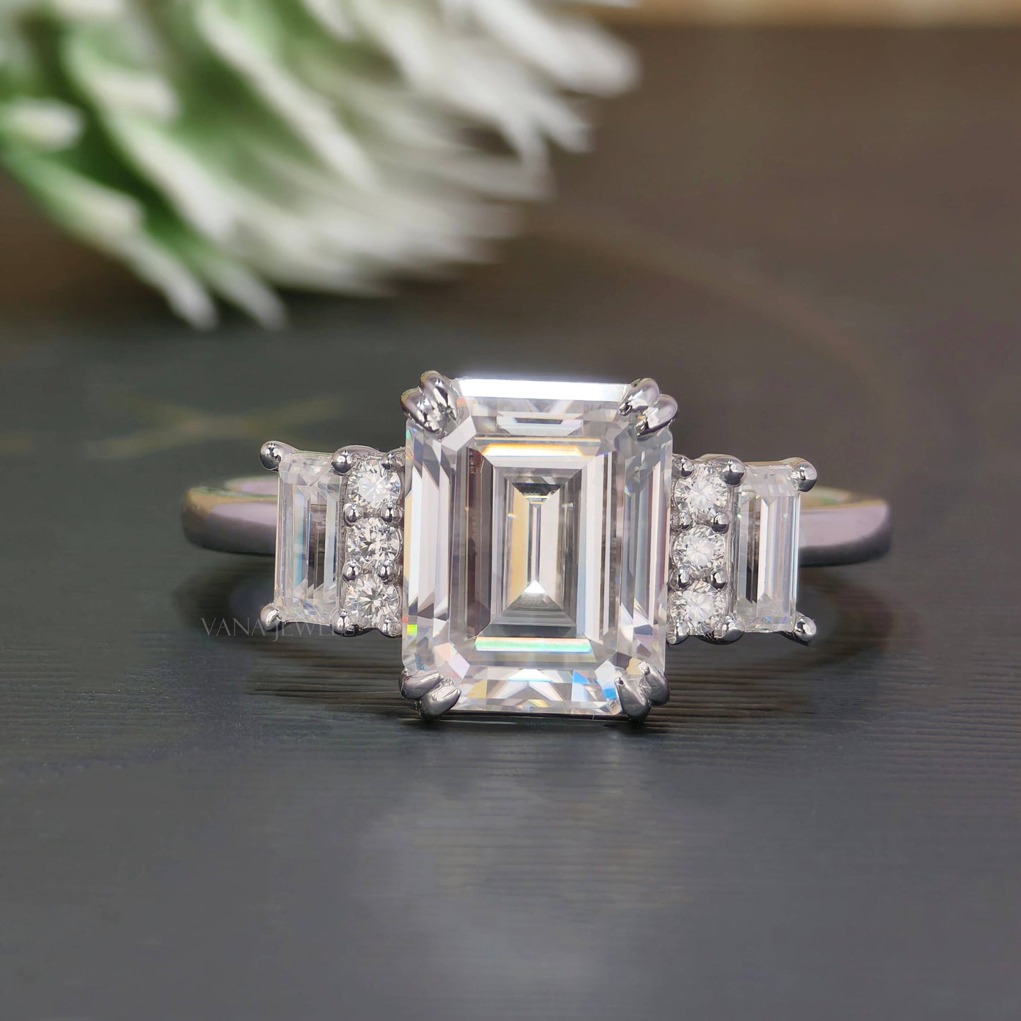 3.29 CT Emerald Cut Moissanite Engagement Ring, Double Claw Prongs With Side Baguette & Round Cut Moissanite