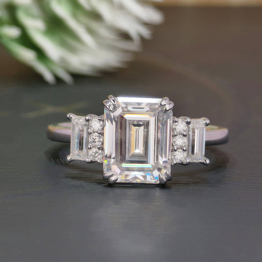 Emerald cut moissanite engagement ring