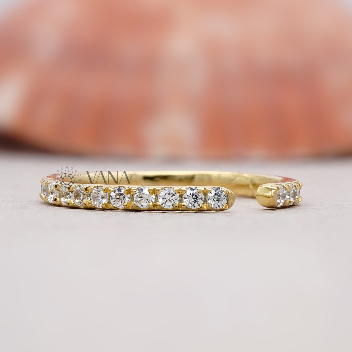 Open Cuff Yellow Gold Diamond Band, Dainty Minimalist Lab Grown Diamond Ring for Women