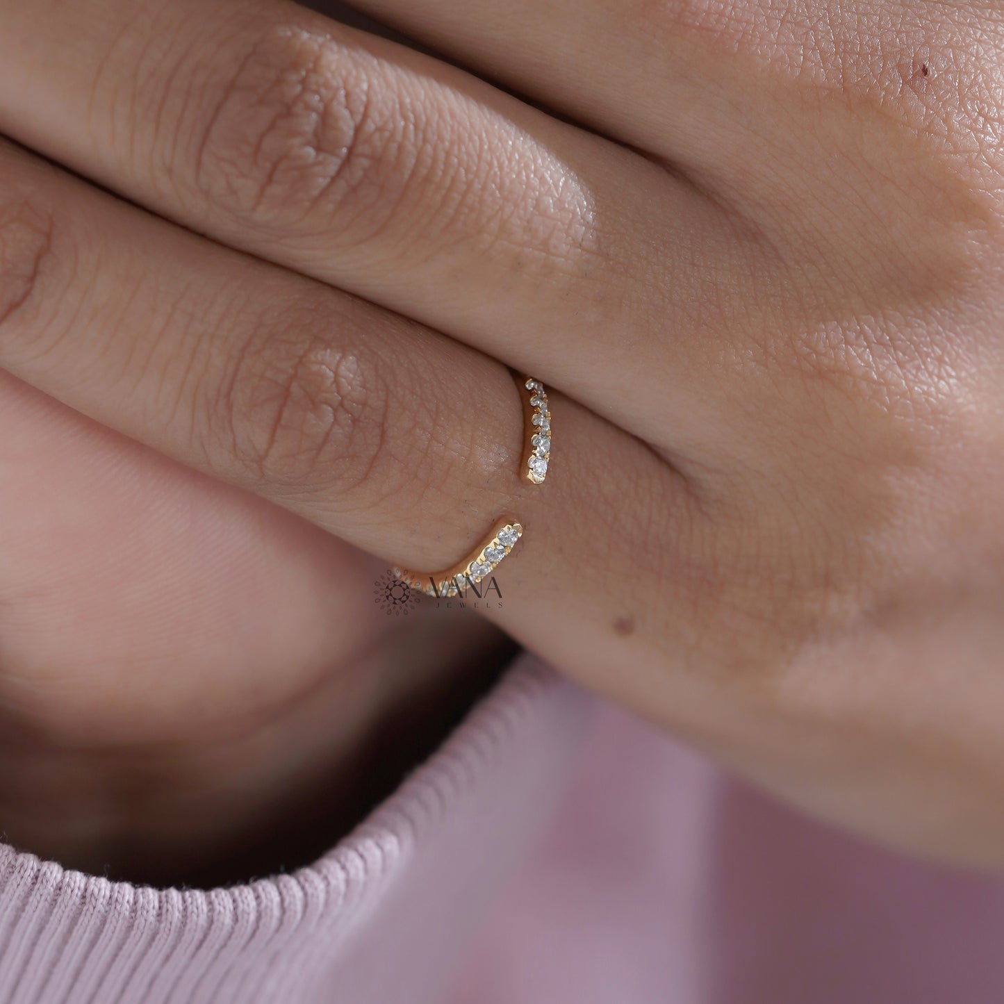 Dainty Yellow Gold Open Cuff Eternity Band with Round Lab Grown Diamonds for Stacking