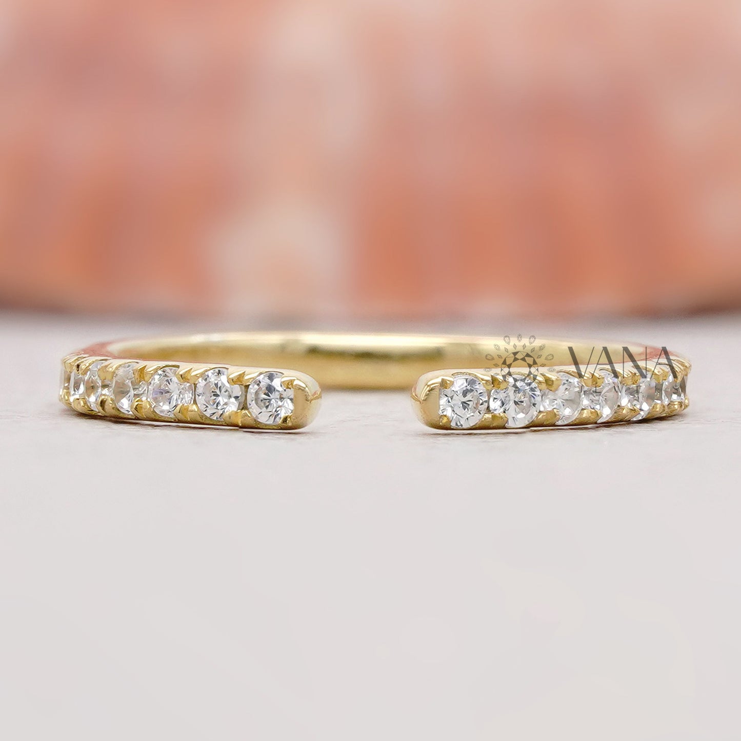 Dainty Open Cuff Diamond Wedding Band in Yellow Gold, Lab Grown Diamond Stacking Ring