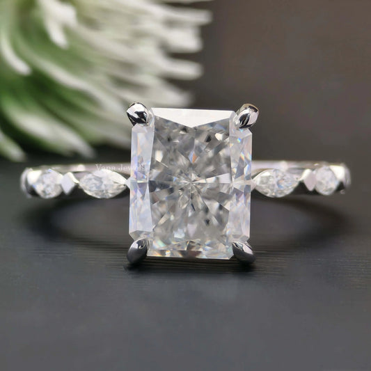 Radiant Cut Moissanite Hidden Halo Engagement Ring side Marquise and Round Stone