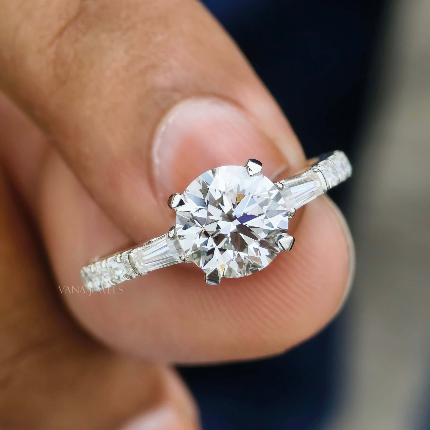 Round Cut Lab Grown Diamond Engagement Ring, Three Stone Ring