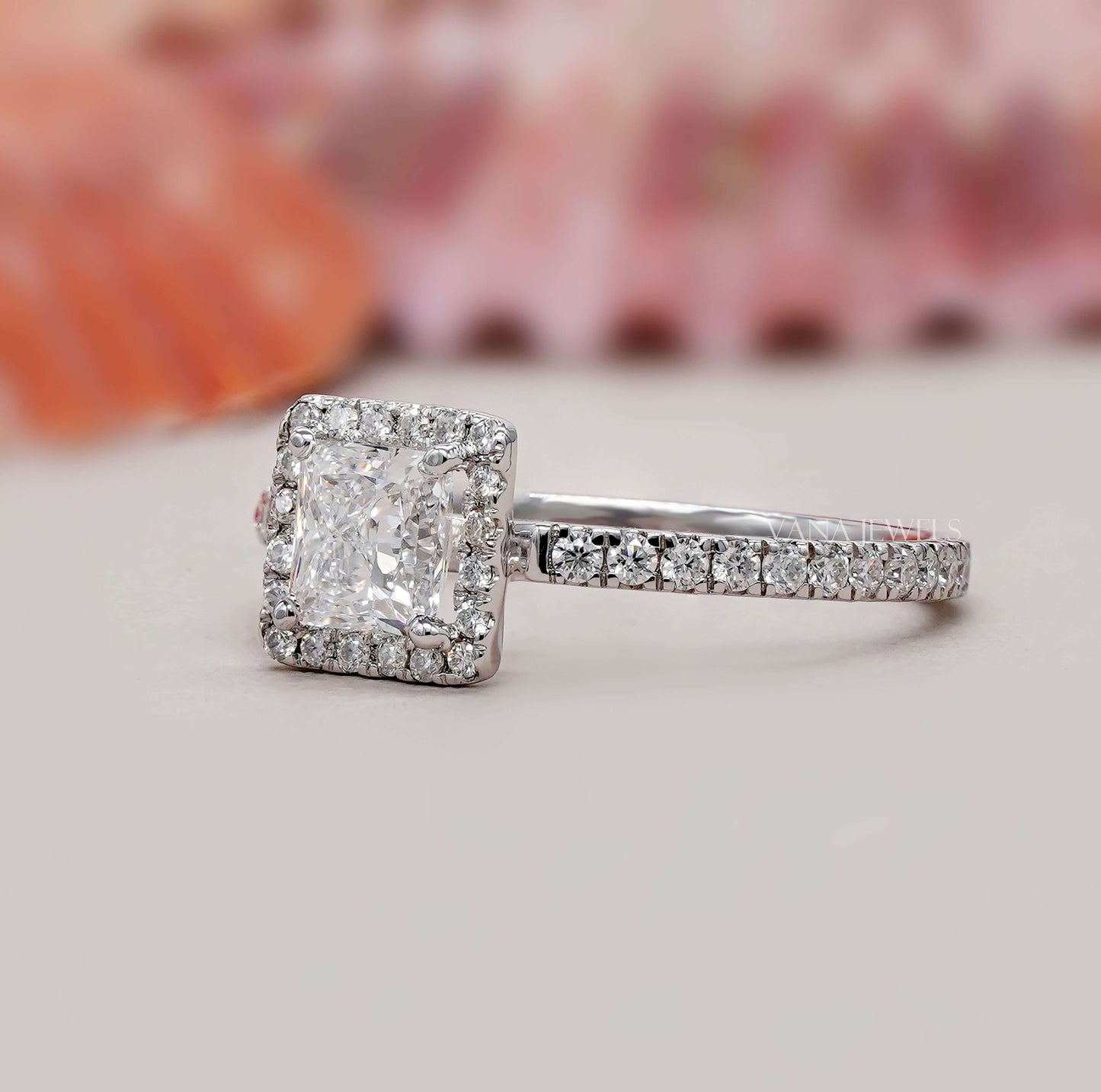 Princess Cut Lab Grown Diamond Halo Engagement Ring - Pave Setting