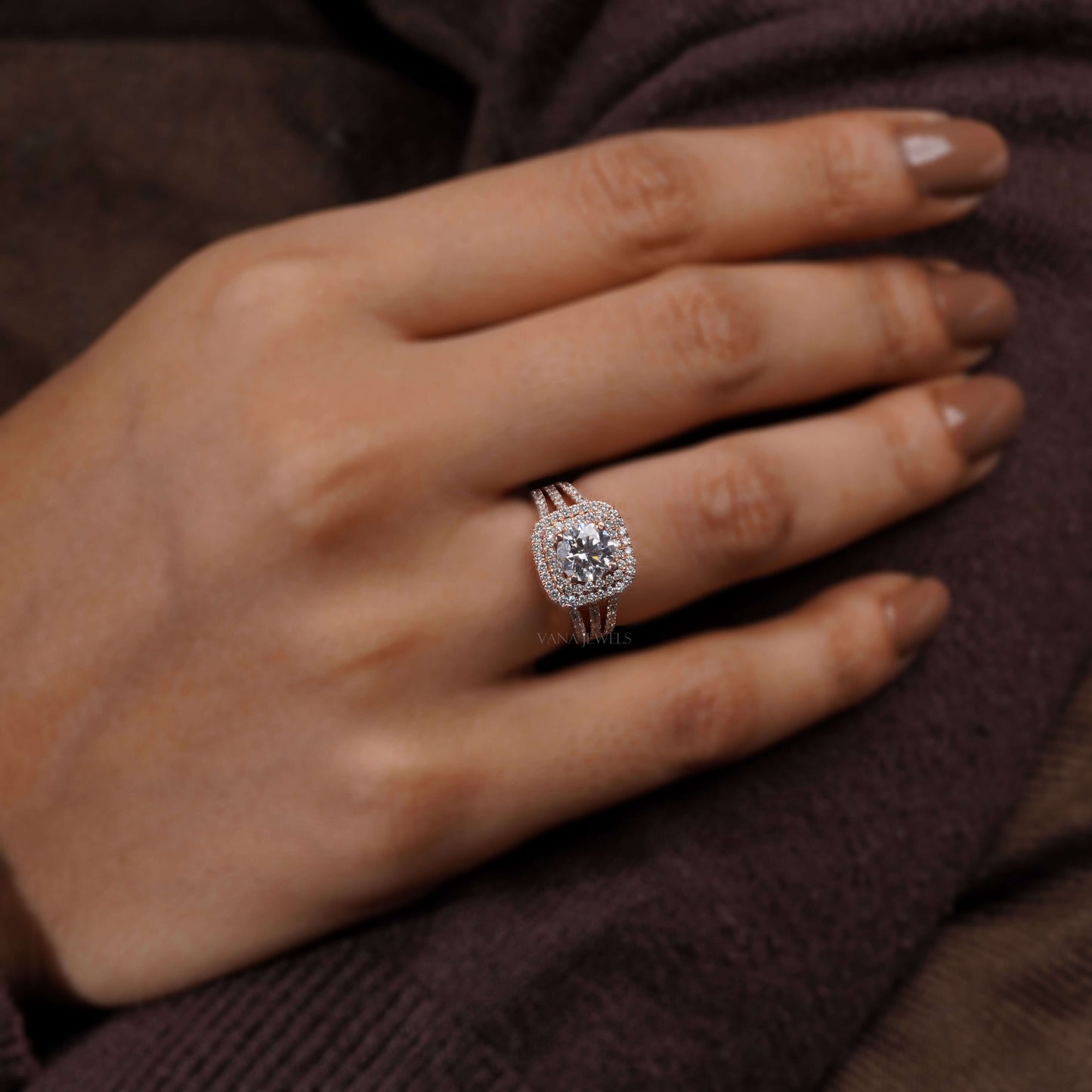 1.15 CT Round Cut Lab Grown Diamond Double Halo Engagement Ring - Split Shank Pave Style
