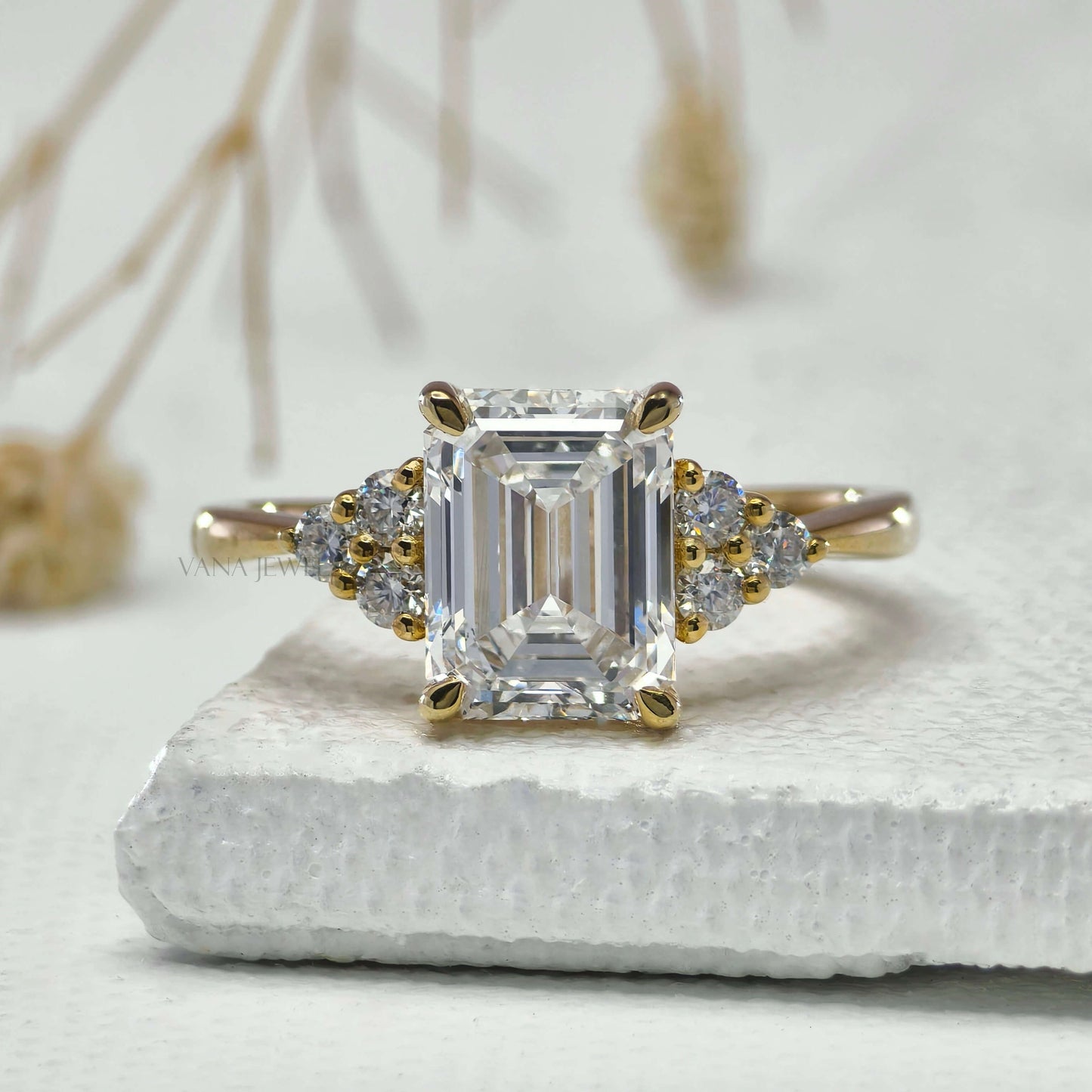 IGI Certified Emerald Cut Lab Grown Diamond Engagement Ring - Muse Setting