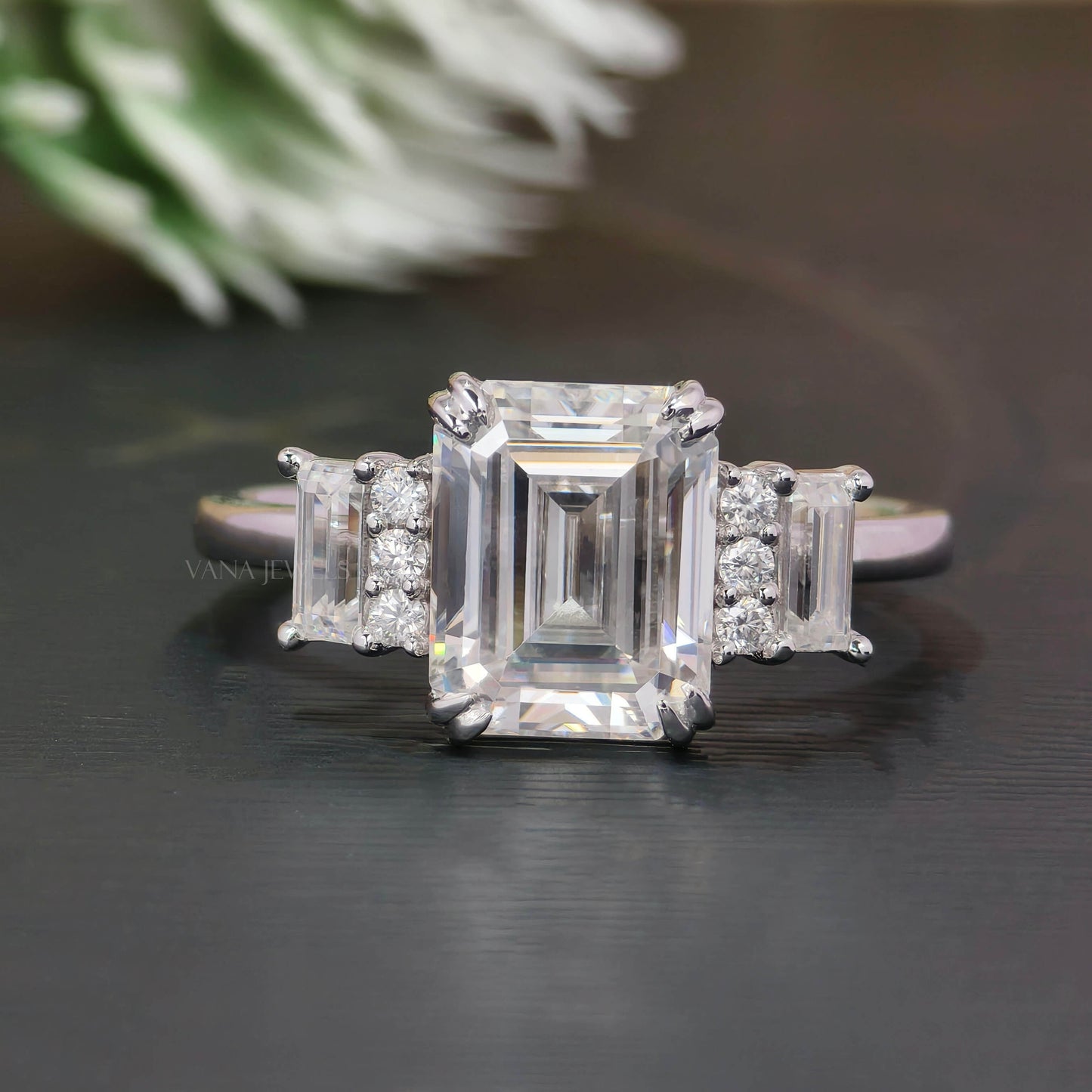 3.29 CT Emerald Cut Moissanite Engagement Ring, Double Claw Prongs With Side Baguette & Round Cut Moissanite