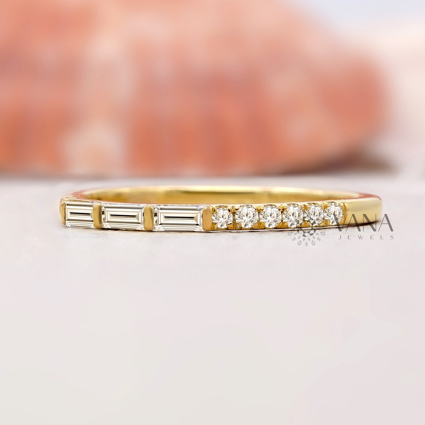 Baguette and Round Cut Lab Grown Diamond Minimalist Wedding Band
