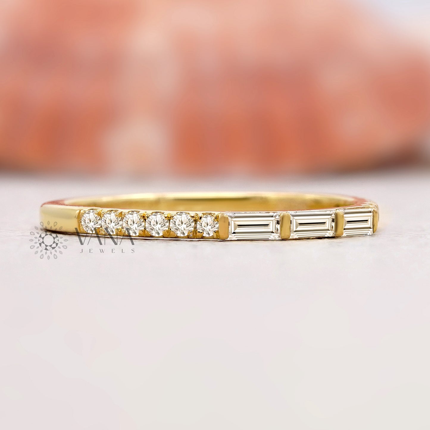 Baguette and Round Cut Lab Grown Diamond Minimalist Wedding Band