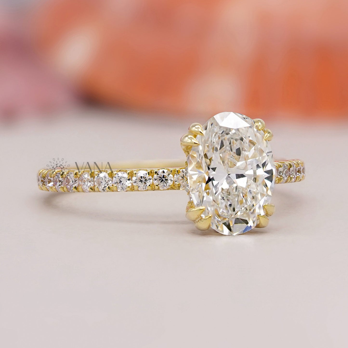 Luxury oval cut lab diamond hidden halo and pave band engagement ring