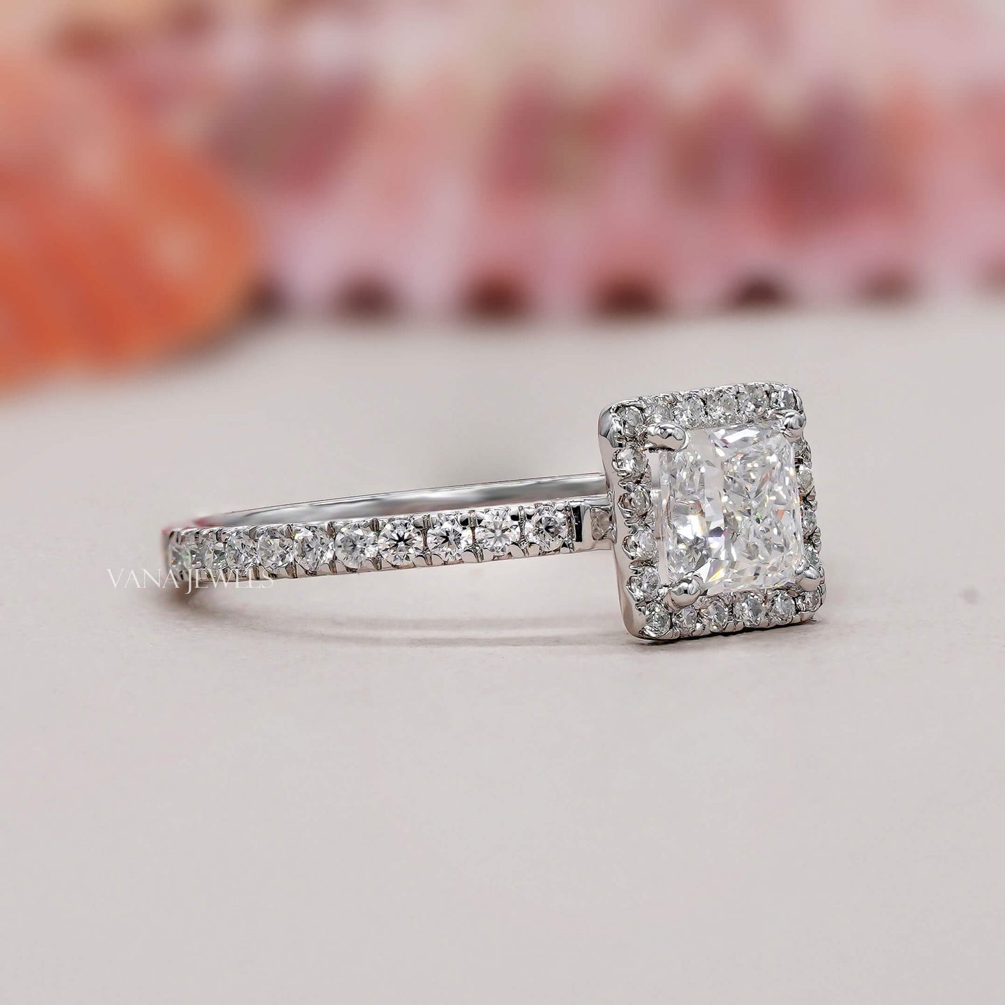 Princess Cut Lab Grown Diamond Halo Engagement Ring - Pave Setting