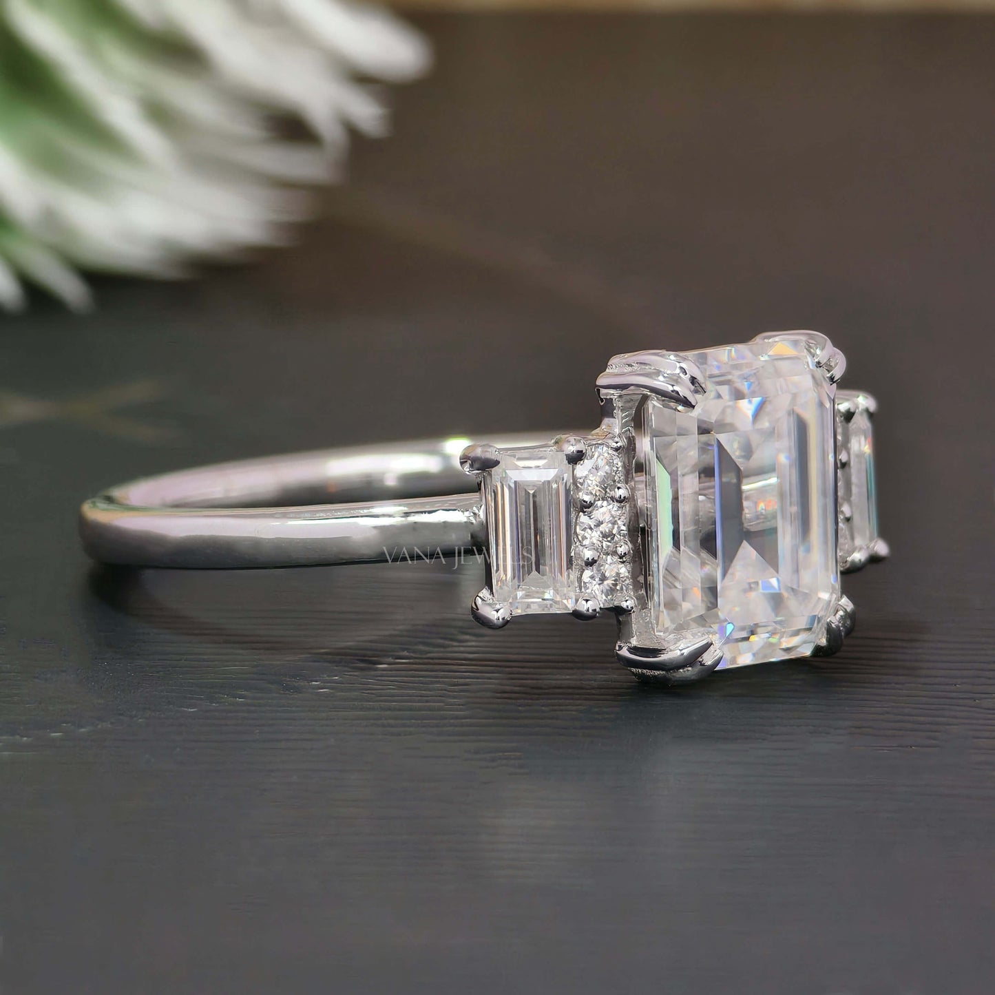 3.29 CT Emerald Cut Moissanite Engagement Ring, Double Claw Prongs With Side Baguette & Round Cut Moissanite