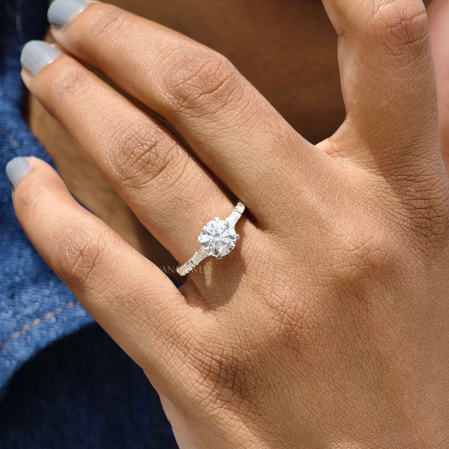 Round Cut Lab Grown Diamond Engagement Ring, Three Stone Ring