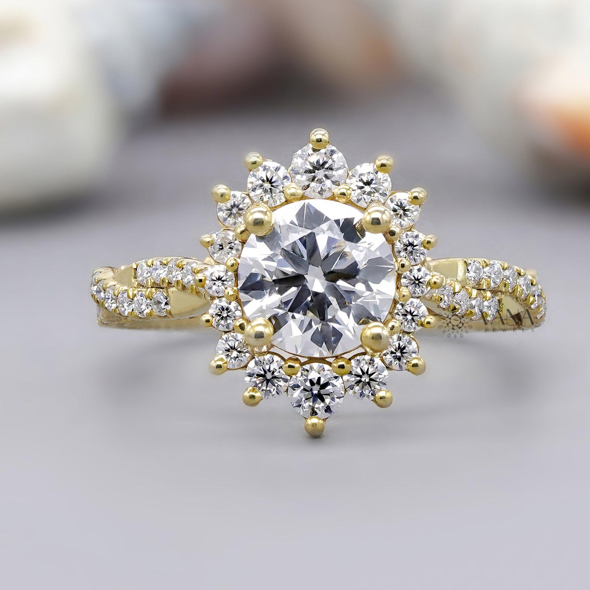 Round moissanite flower halo ring
