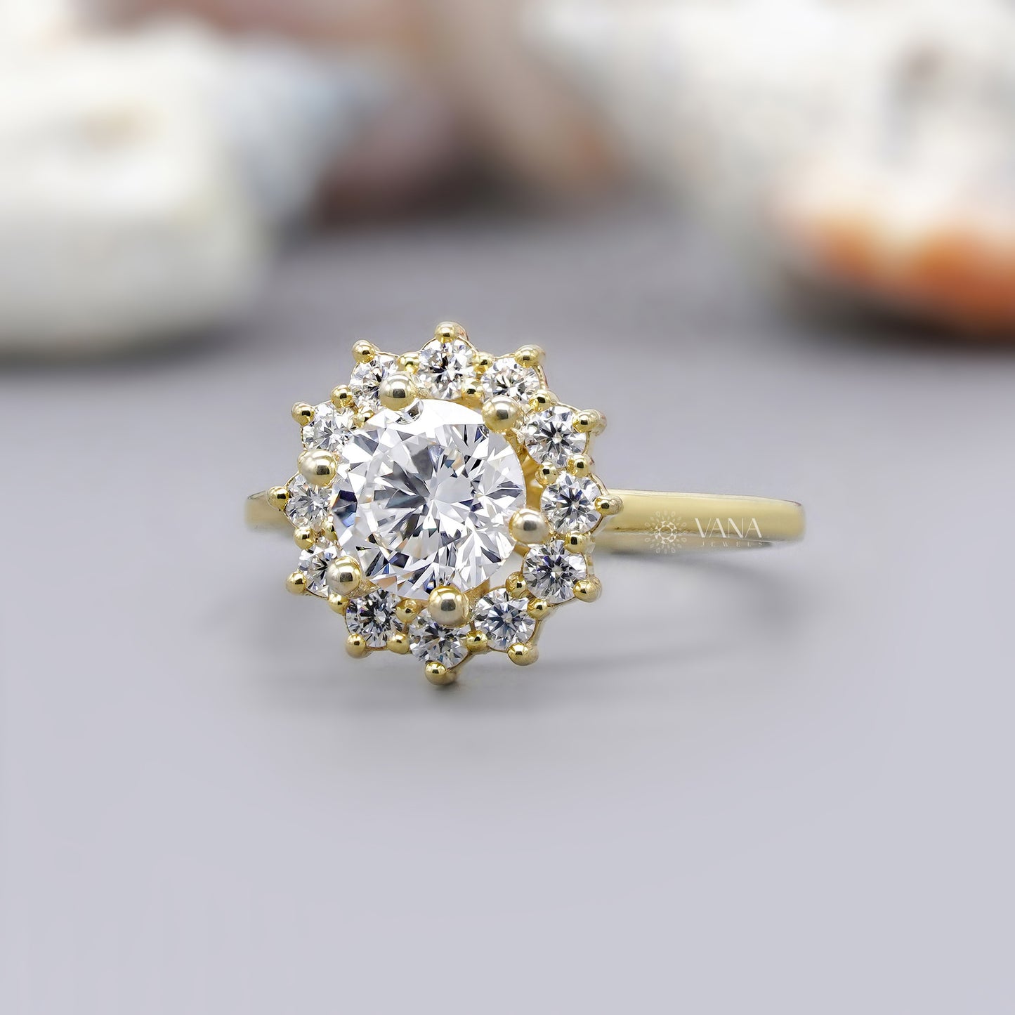 Floral cluster halo ring with round moissanite stone and gold band