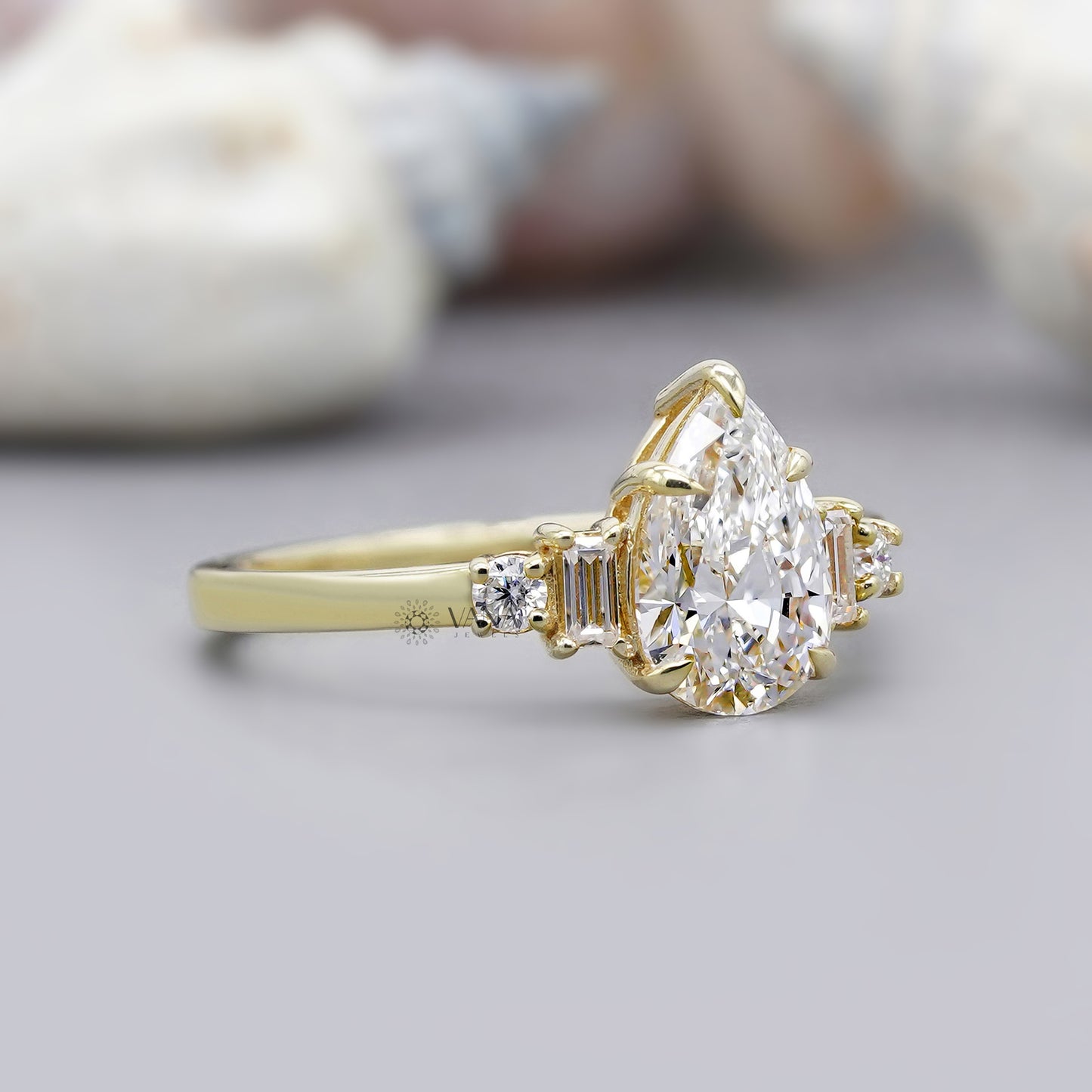 Five stone pear moissanite wedding ring