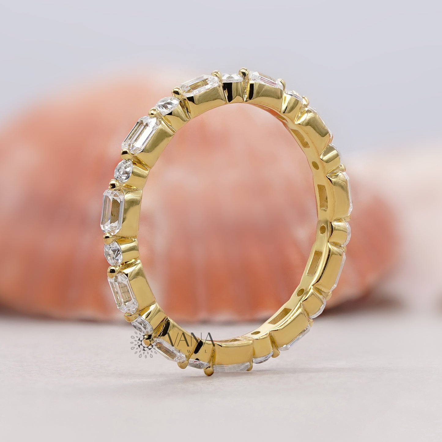 Alternative Emerald and Round Cut Lab Grown Diamond Wedding Band