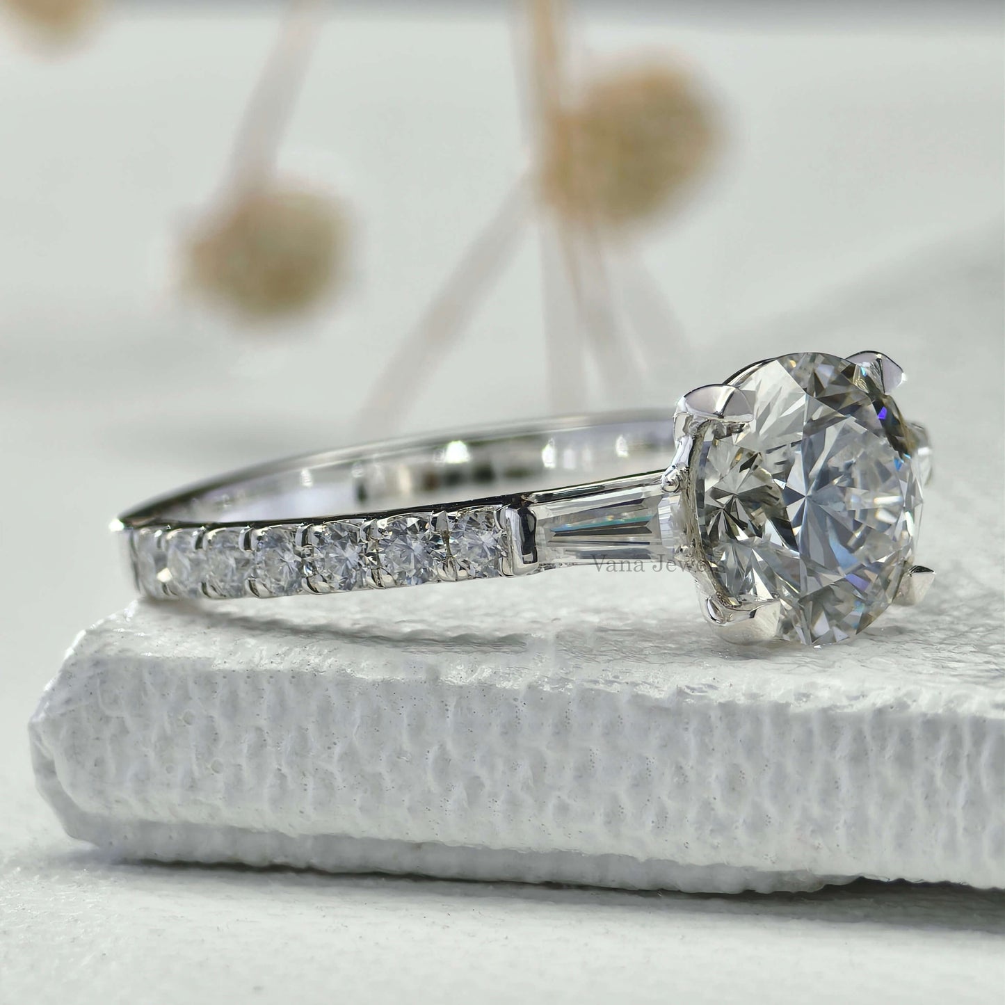 Round Cut Lab Grown Diamond Engagement Ring, Three Stone Ring