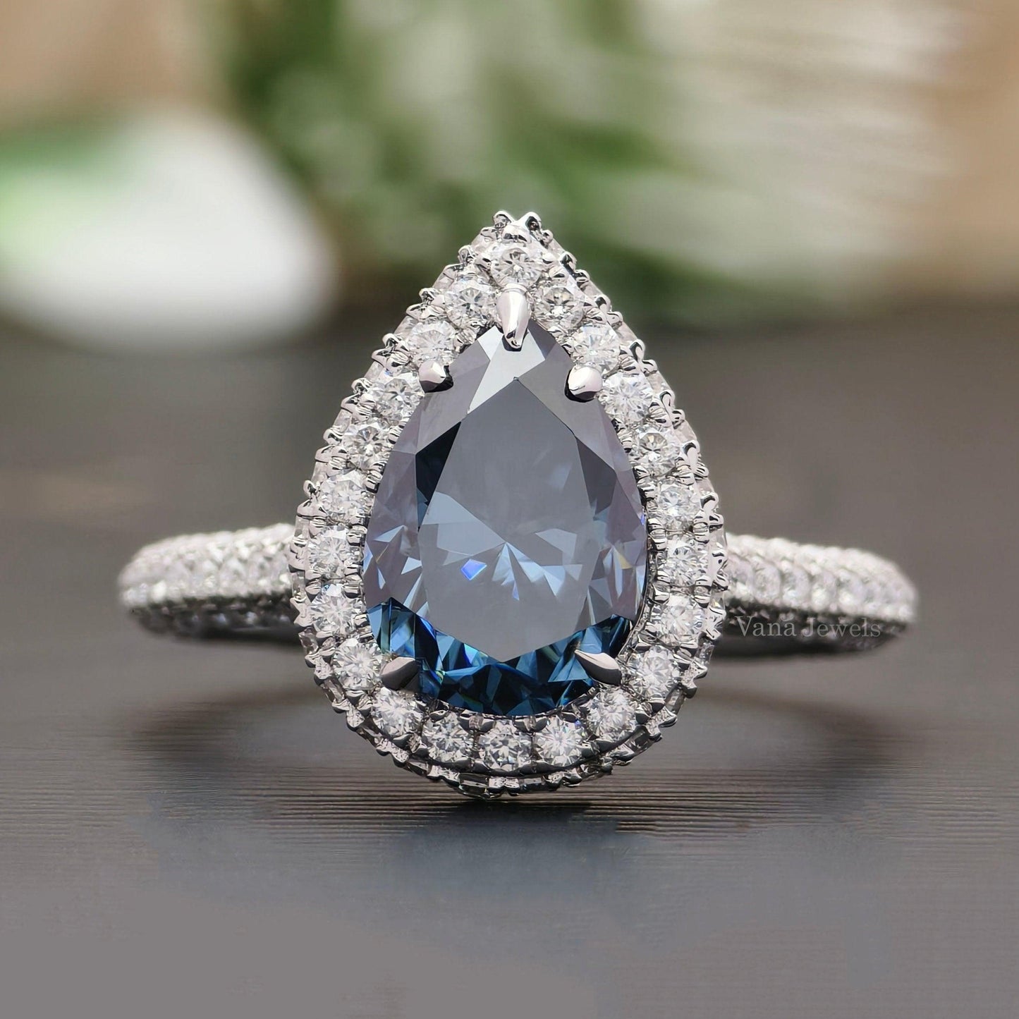 Royal blue moissanite pear cut engagement ring