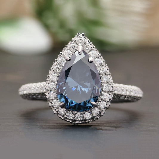 Royal blue moissanite pear cut engagement ring