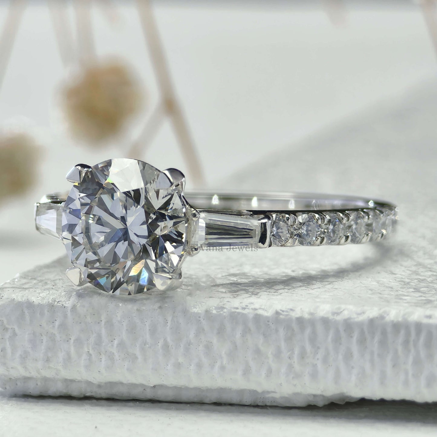 Round Cut Lab Grown Diamond Engagement Ring, Three Stone Ring