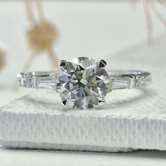 Round Cut Lab Grown Diamond Engagement Ring, Three Stone Ring