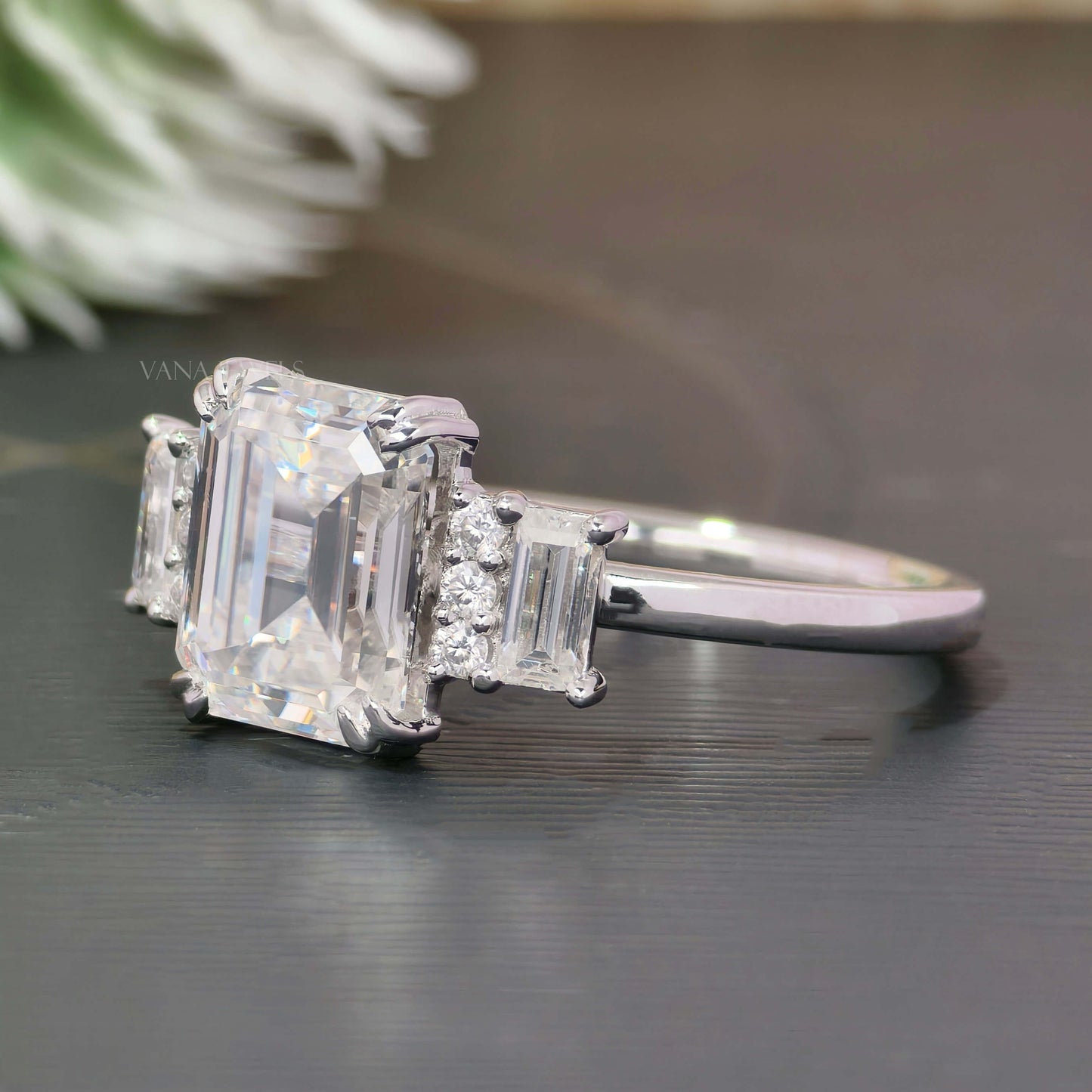 3.29 CT Emerald Cut Moissanite Engagement Ring, Double Claw Prongs With Side Baguette & Round Cut Moissanite